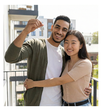 Couple devant immeuble moderne